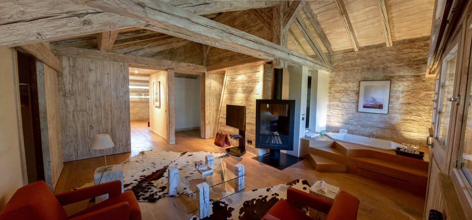 Living room with old beams and woodburner